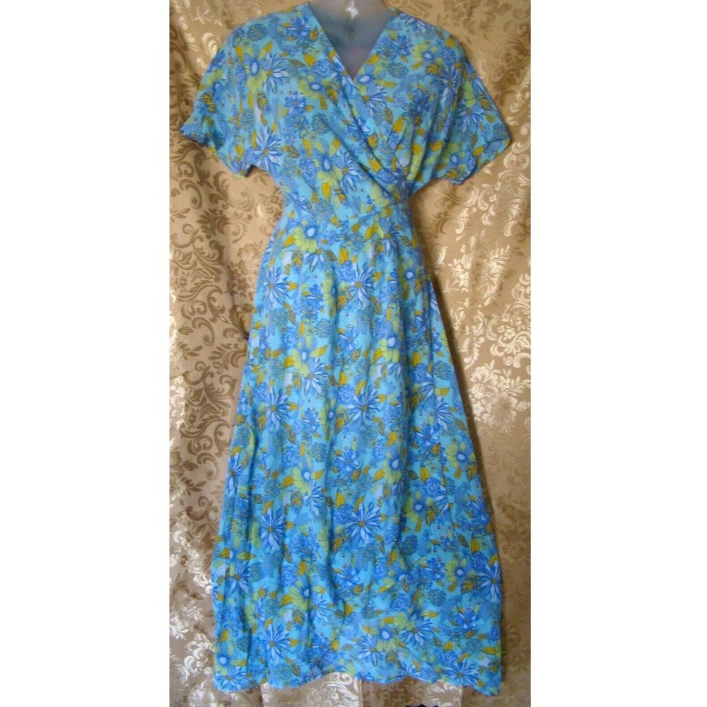 ModCloth 100% Silk Floral Wrap Maxi Dress Blue Yellow Boho Cottagecore 3X yy